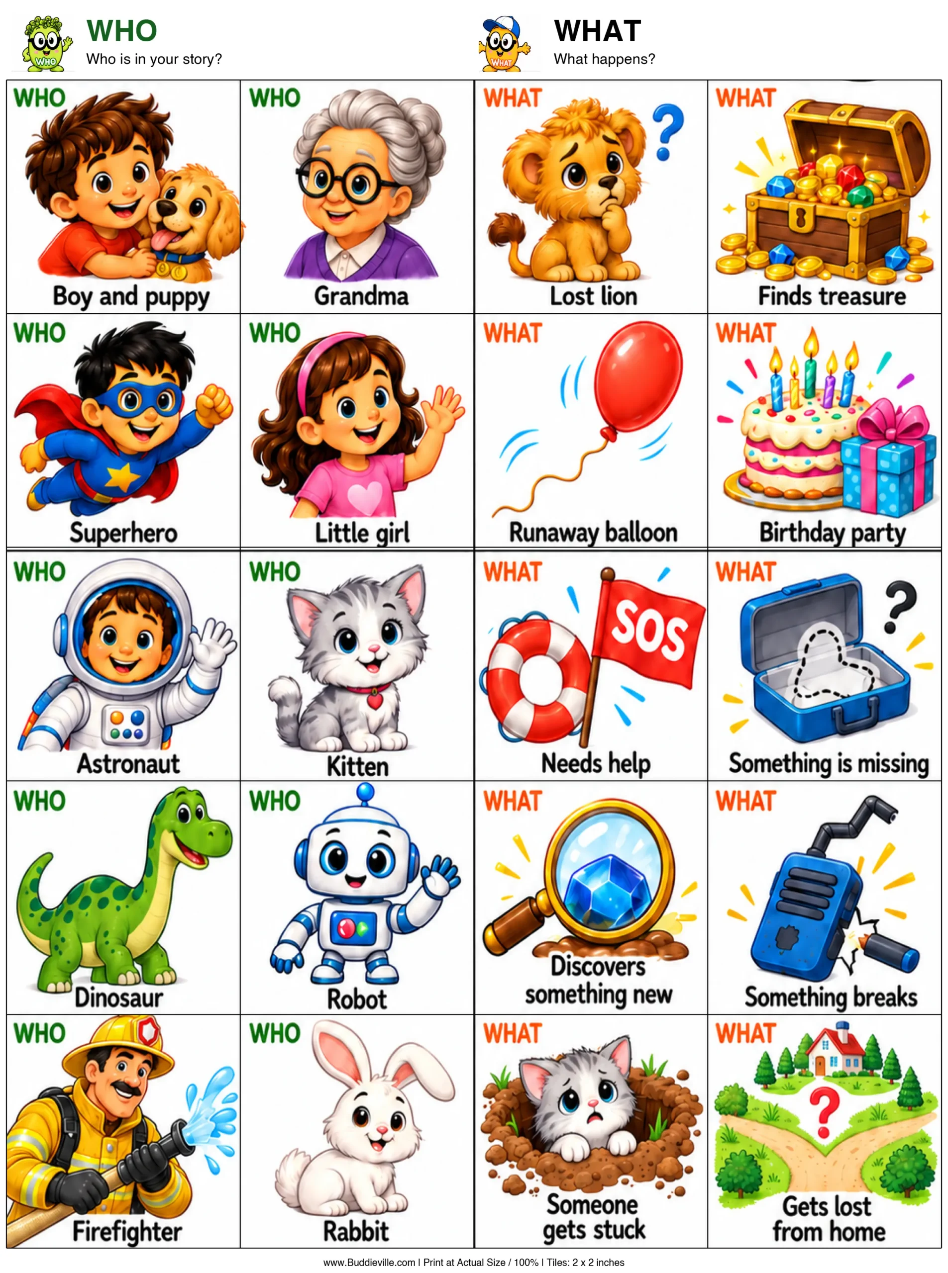WHO and WHAT Story Tiles sheet