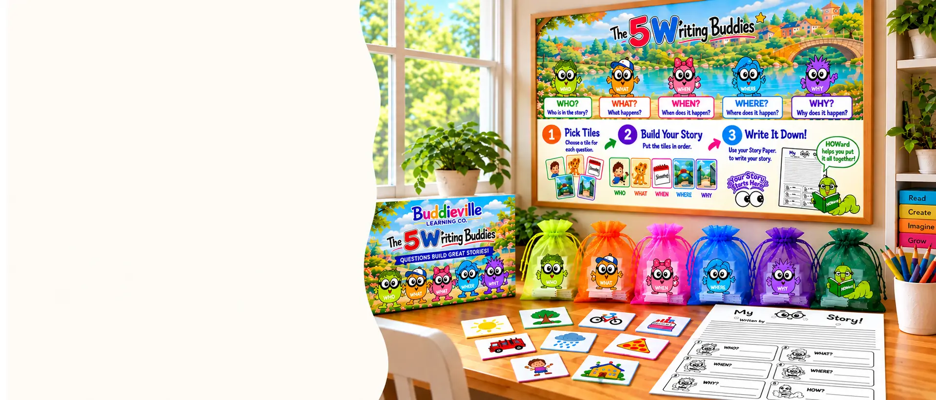 Six color-coded organza Buddy Bags: WHO, WHAT, WHEN, WHERE, WHY and HOWard